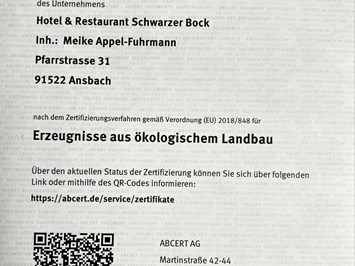 Bio-Boutiquehotel Schwarzer Bock Evidence certificates Organic certification