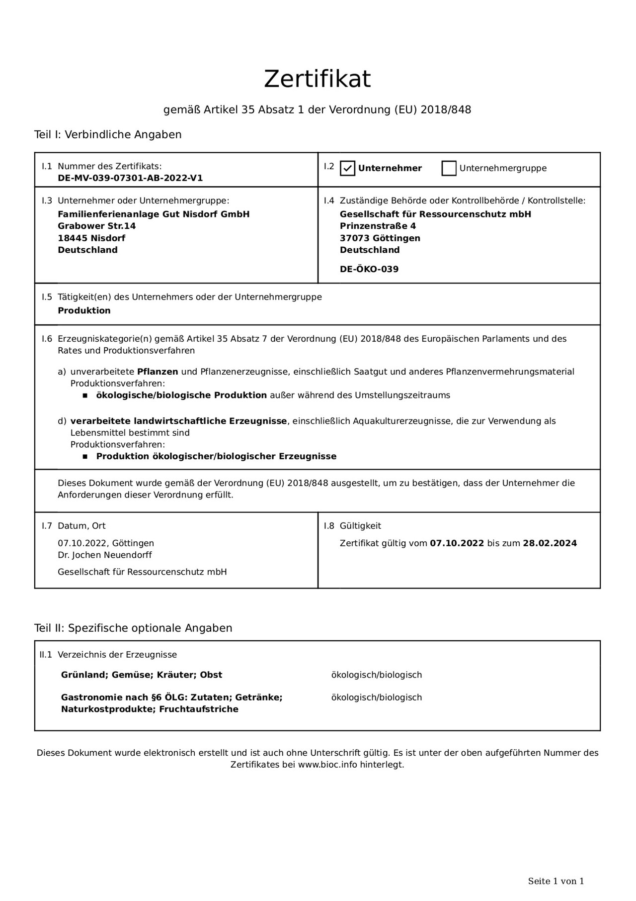 Gut Nisdorf Ferienapartments Nachweise Zertifikate Bio-Zertifikat 2022-24
