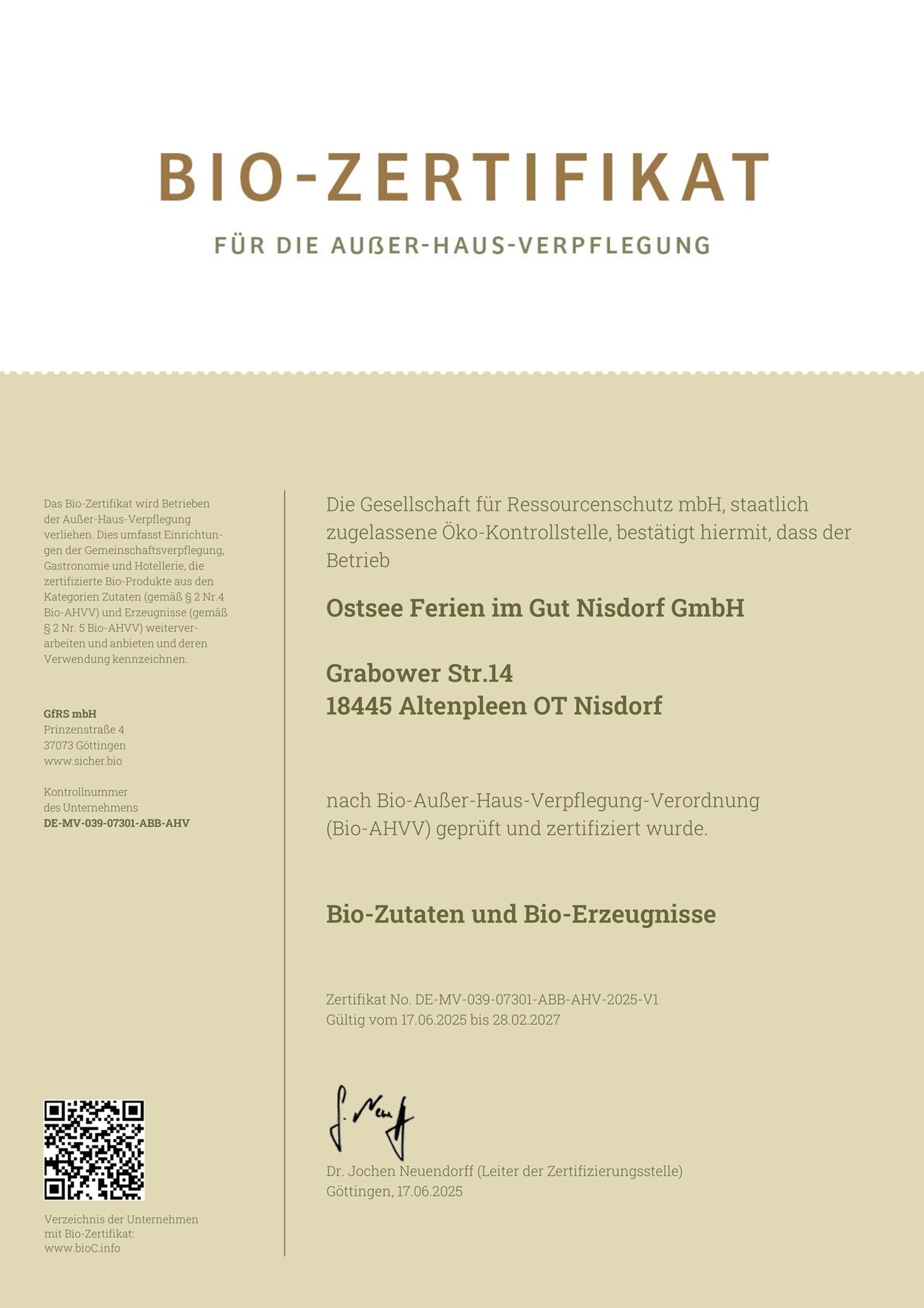 Ostsee Ferien im Gut Nisdorf GmbH Nachweise Zertifikate Bio-Zertifikat AHV 2025 bis 27 von GfRS