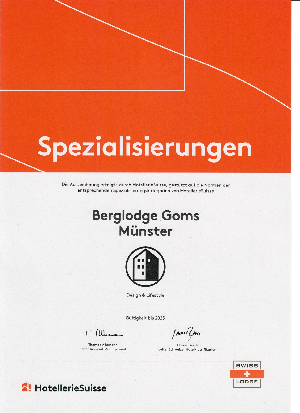 Berglodge Goms Evidence certificates Design & Lifestyle from HotellerieSuisse