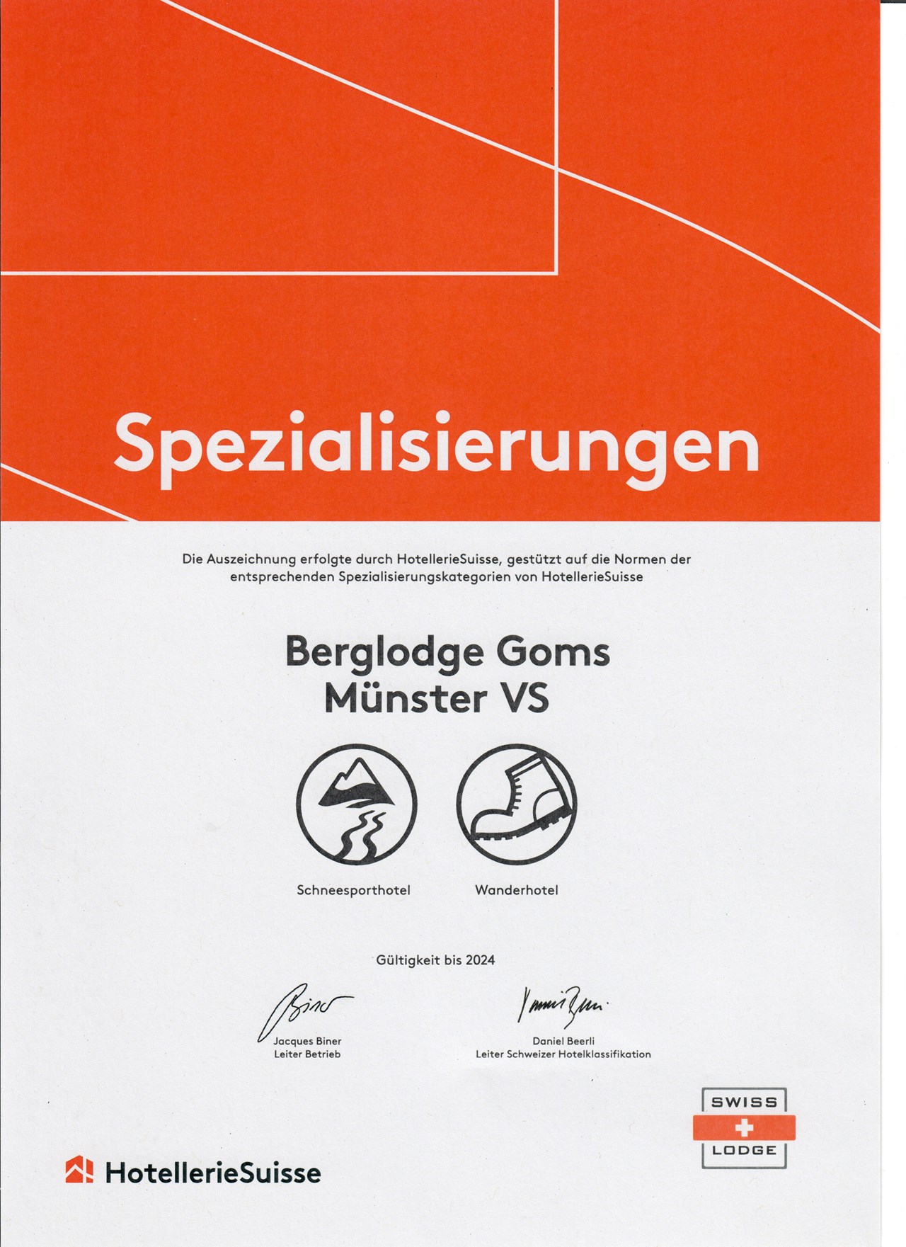 Berglodge Goms Evidence certificates Award for snow sports hotel and hiking hotel