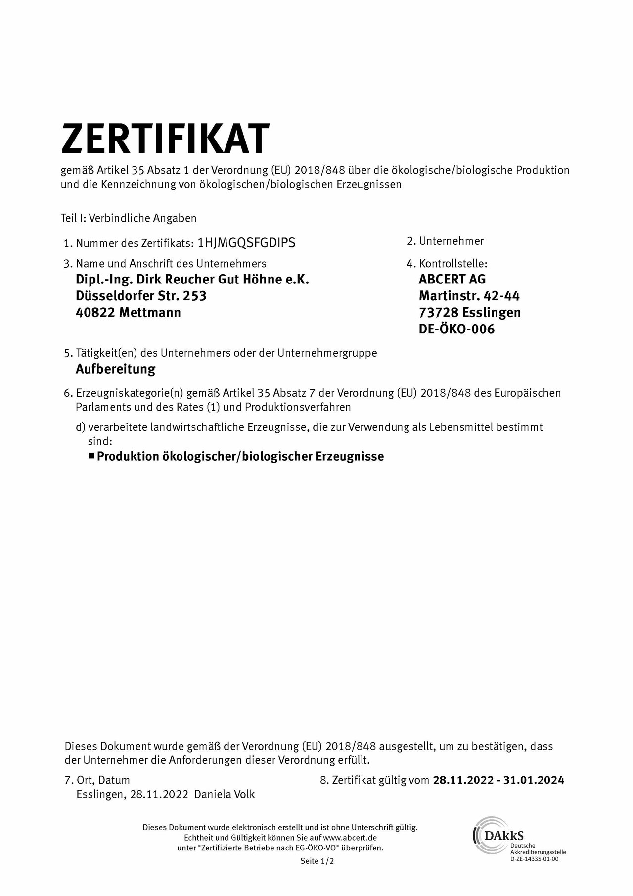 Land Gut Höhne Nachweise Zertifikate Zertifikat Kontrollstelle ABCERT AG Seite 1