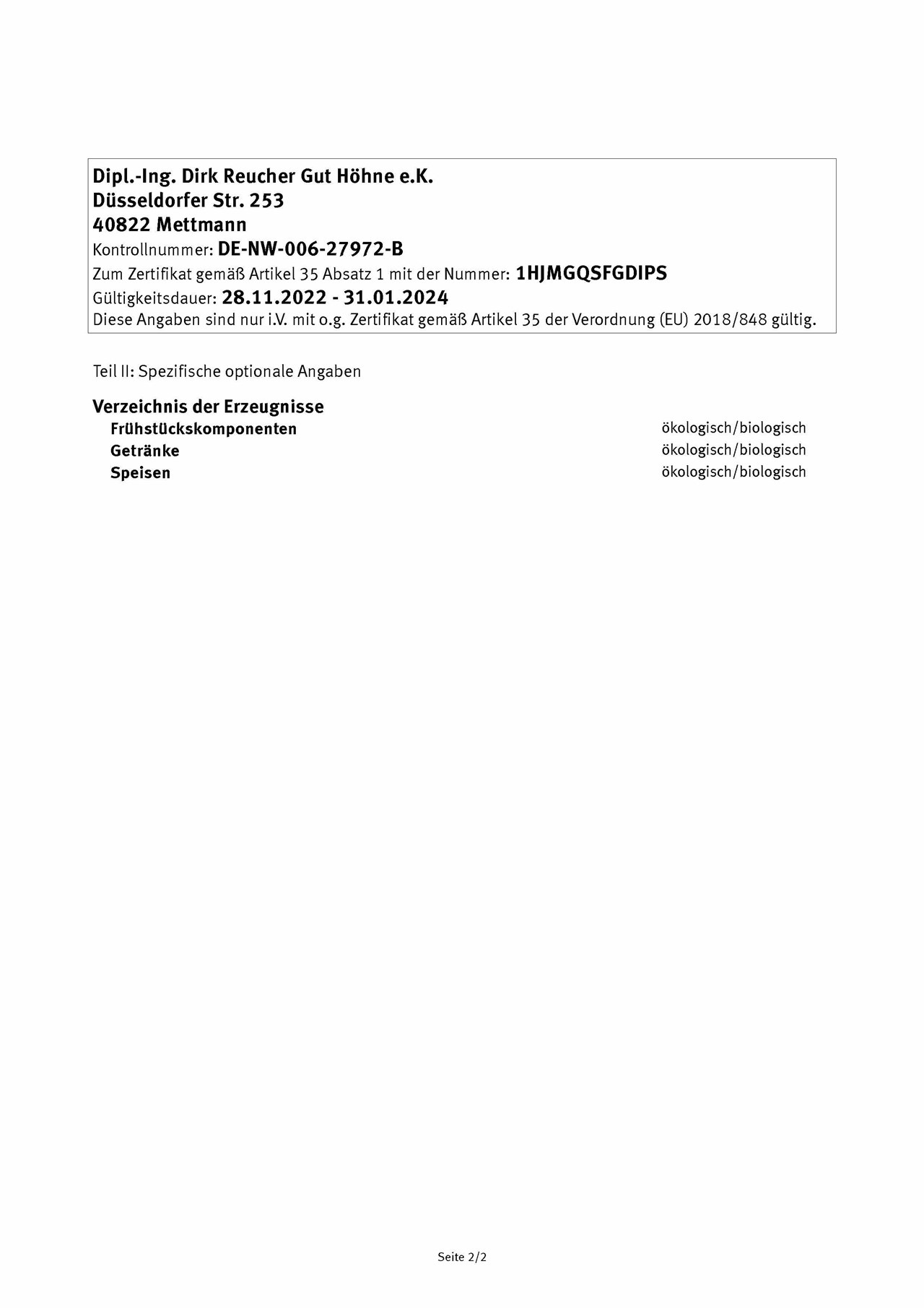 Land Gut Höhne Evidence certificates Certificate inspection body ABCERT AG page 2