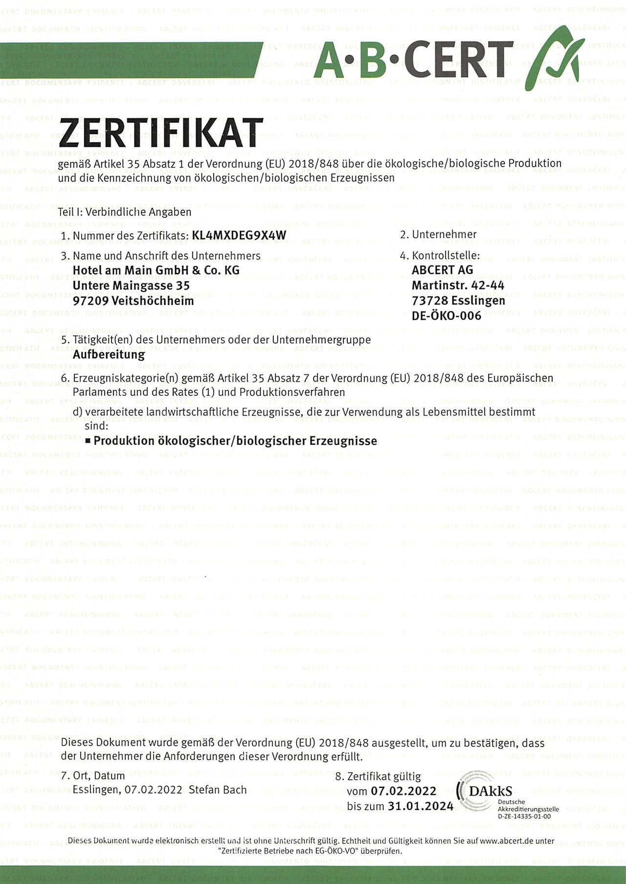 Hotel am Main Nachweise Zertifikate 