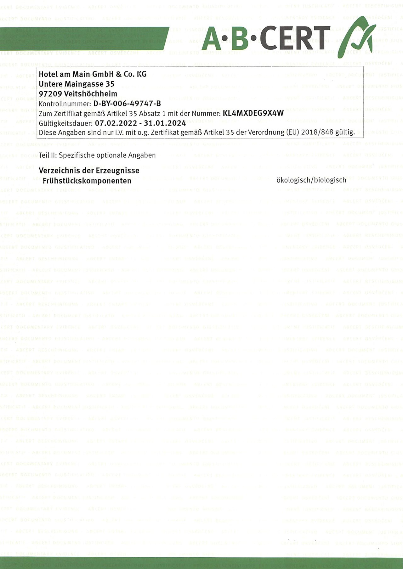 Hotel am Main Nachweise Zertifikate 