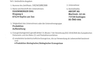 Biohotel Eggensberger Evidence certificates AB Cert: DE-ÖKO-006