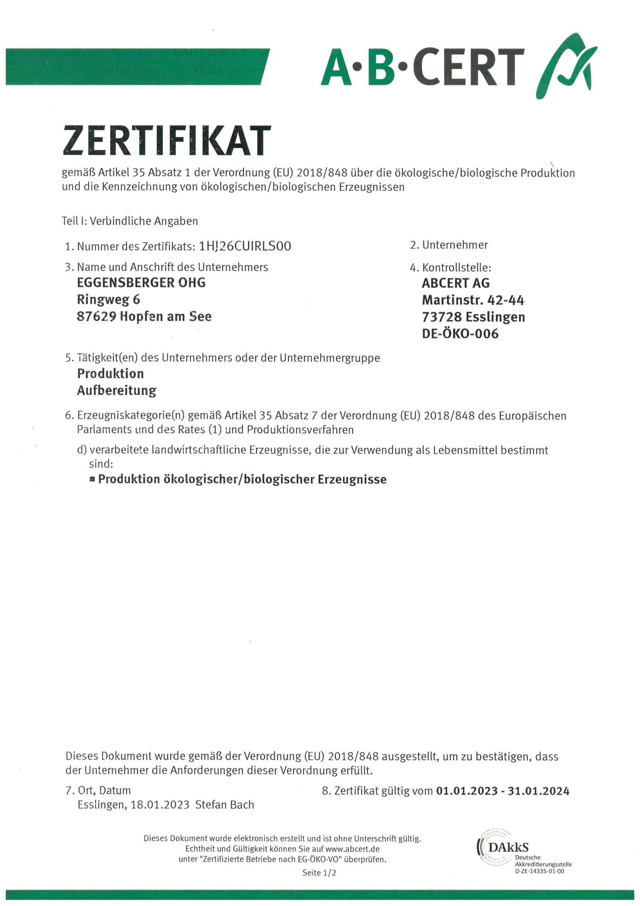 Biohotel Eggensberger Nachweise Zertifikate AB-Cert: DE-ÖKO-006