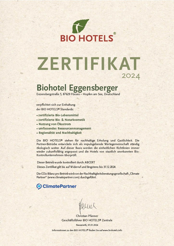 Biohotel Eggensberger Evidence certificates BIO HOTELS certificate