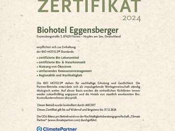 Biohotel Eggensberger Nachweise Zertifikate BIO HOTELS-Zertifikat