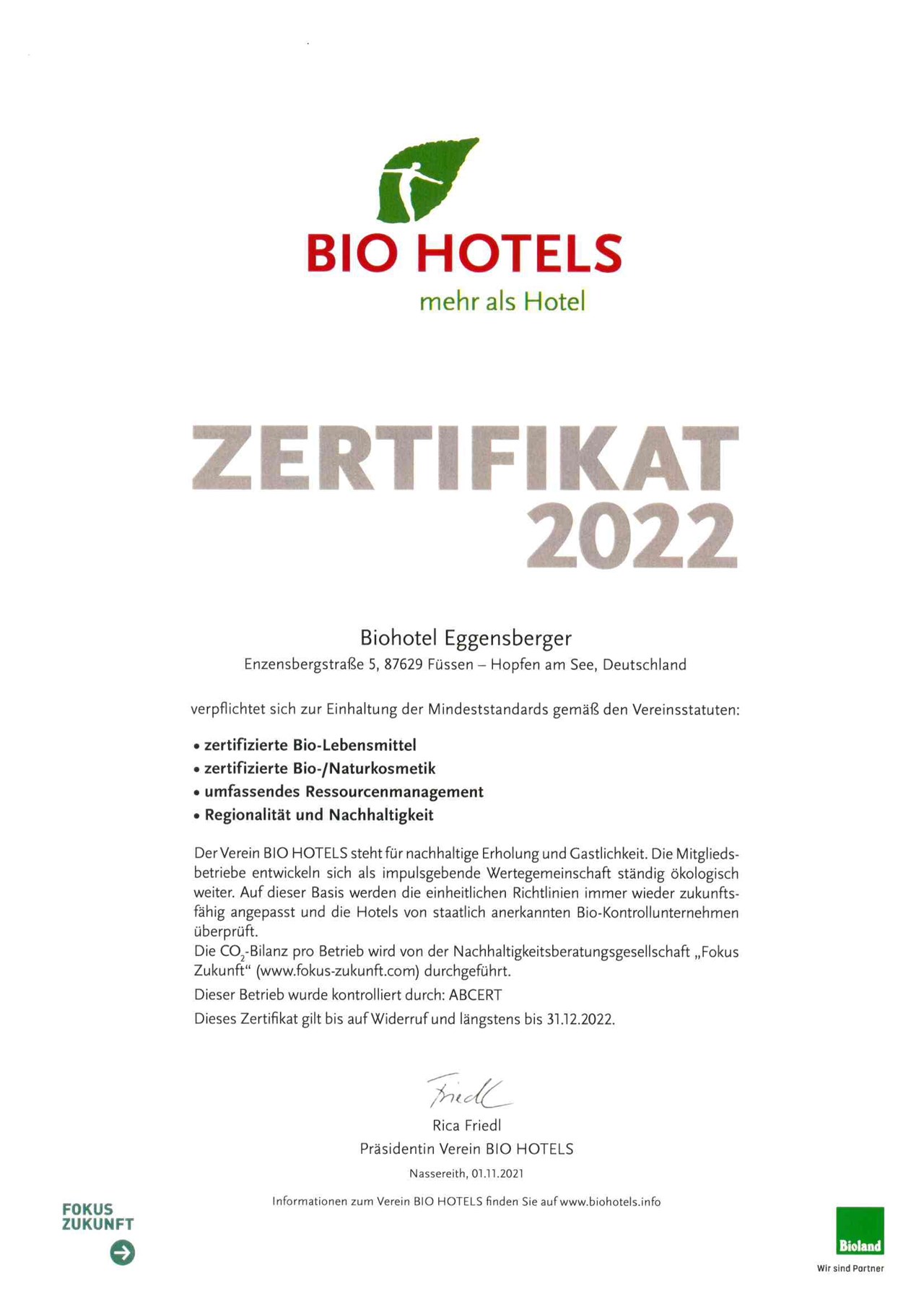 Biohotel Eggensberger Nachweise Zertifikate BIO HOTELS
