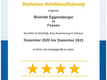 Biohotel Eggensberger Evidence certificates Dehoga: 4 stars
