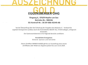 Biohotel Eggensberger Nachweise Zertifikate Bioland: Gold-Partner