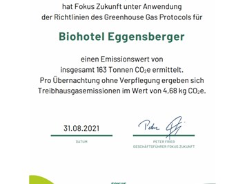 Biohotel Eggensberger Evidence certificates FOCUS on the future: climate positive