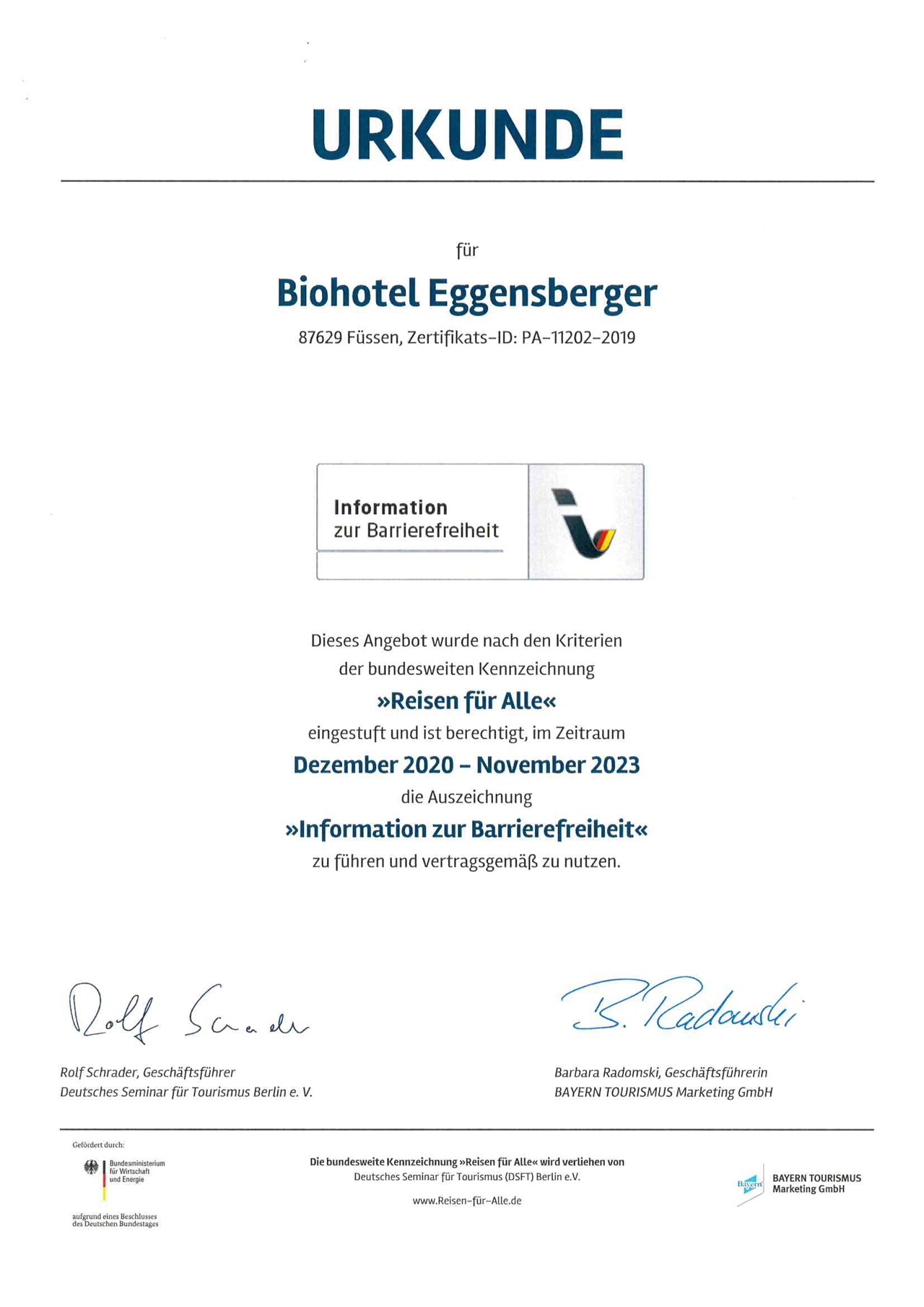 Biohotel Eggensberger Evidence certificates Travel for everyone: barrier-free rooms
