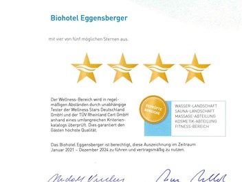 Biohotel Eggensberger Evidence certificates Wellness Stars: Wellness certificate