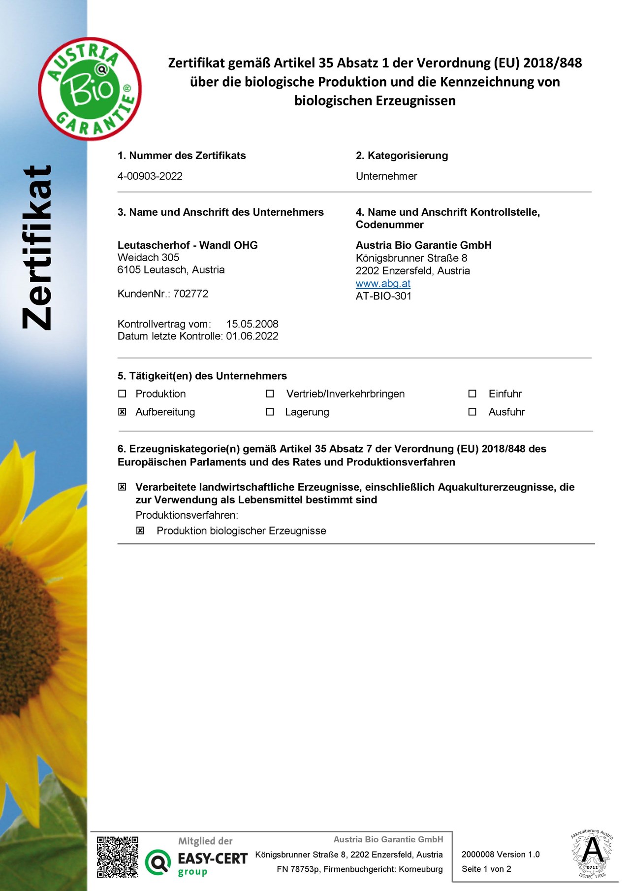 Biohotel Leutascherhof Evidence certificates Certificate Austria Organic Guarantee