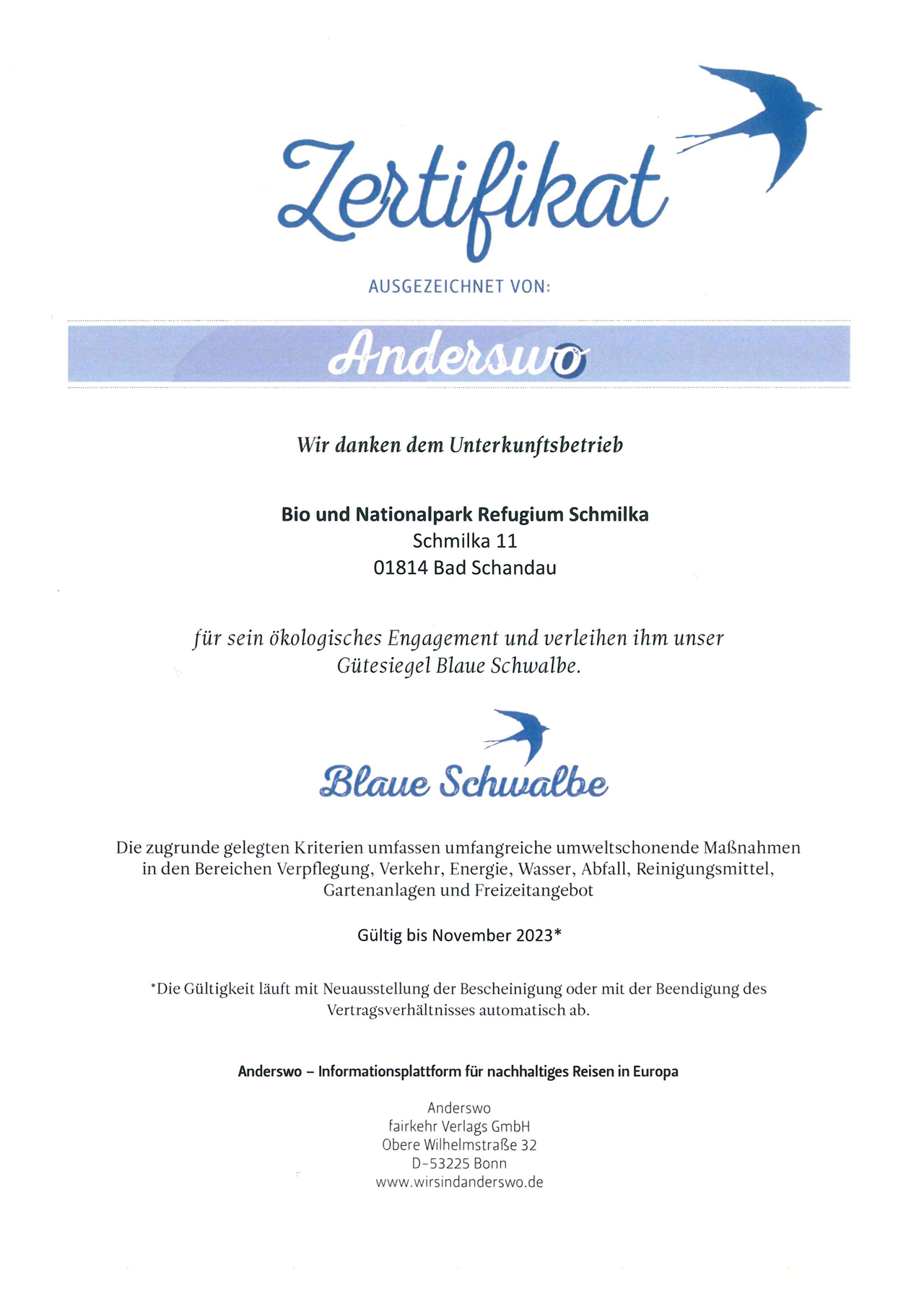 Bio- & Nationalpark-Refugium Schmilka Nachweise Zertifikate Blaue Schwalbe