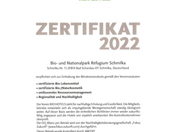 Bio- & Nationalpark-Refugium Schmilka Nachweise Zertifikate BIO HOTELS Zertifikat 2022