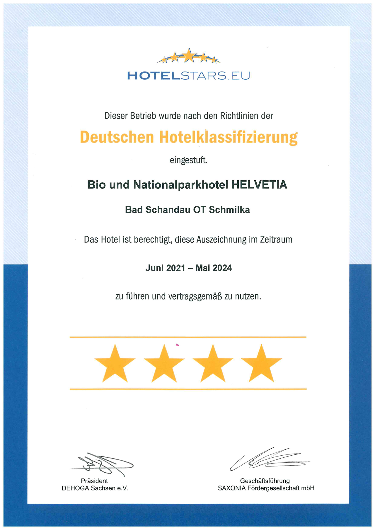 Bio-Hotel Helvetia Evidence certificates DEHOGA