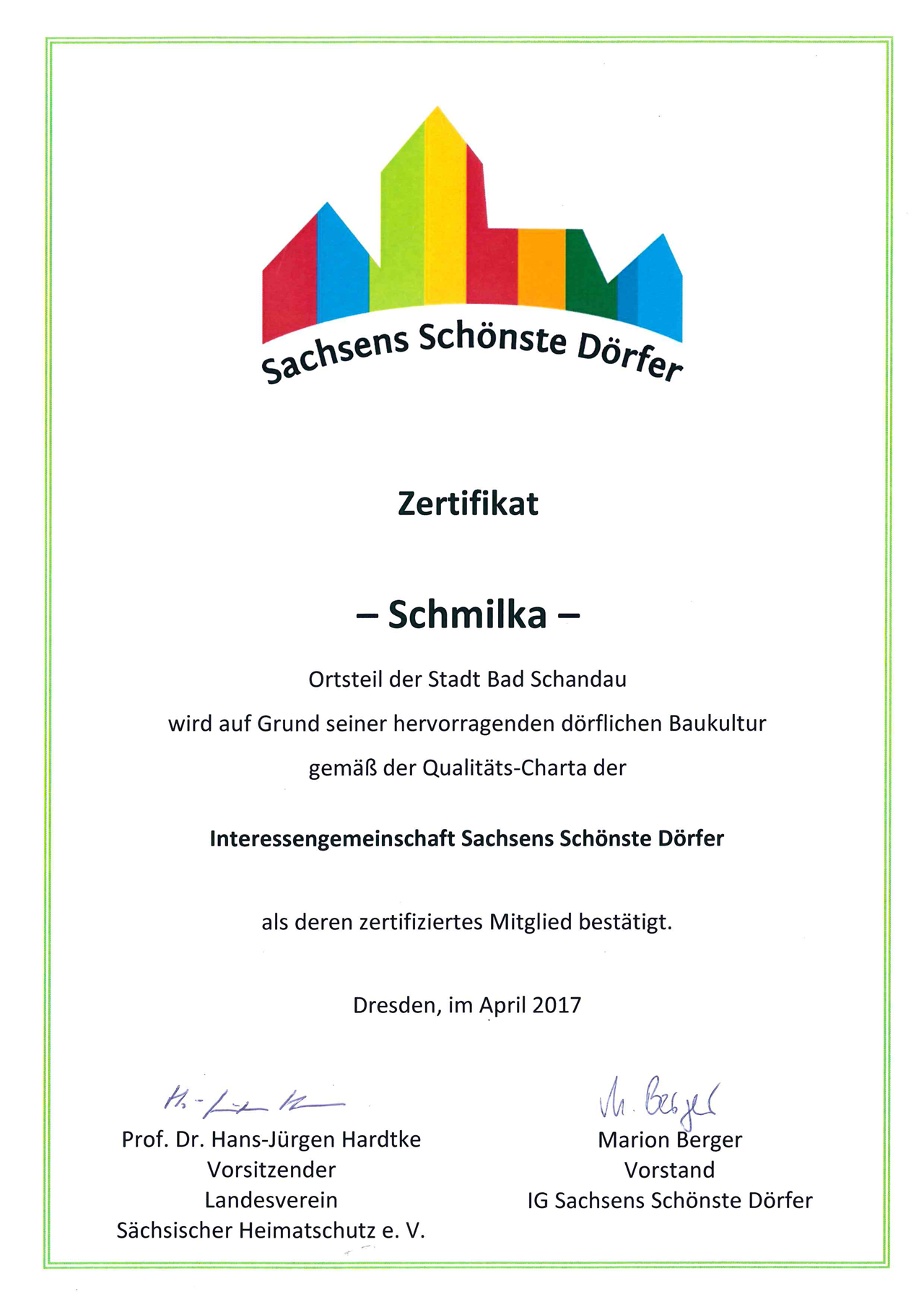 Bio-Hotel Helvetia Evidence certificates Saxony's most beautiful villages
