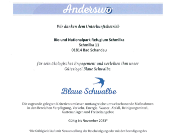 Bio-BoutiqueHotel Villa Waldfrieden Nachweise Zertifikate Blaue Schwalbe