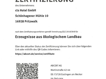 Biohotel Schönhagener Mühle Nachweise Zertifikate ABCert