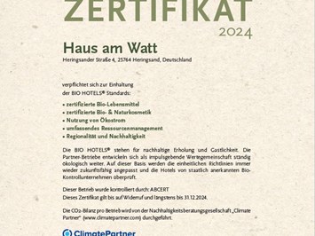 Haus am Watt Evidence certificates BIO HOTELS® certificate