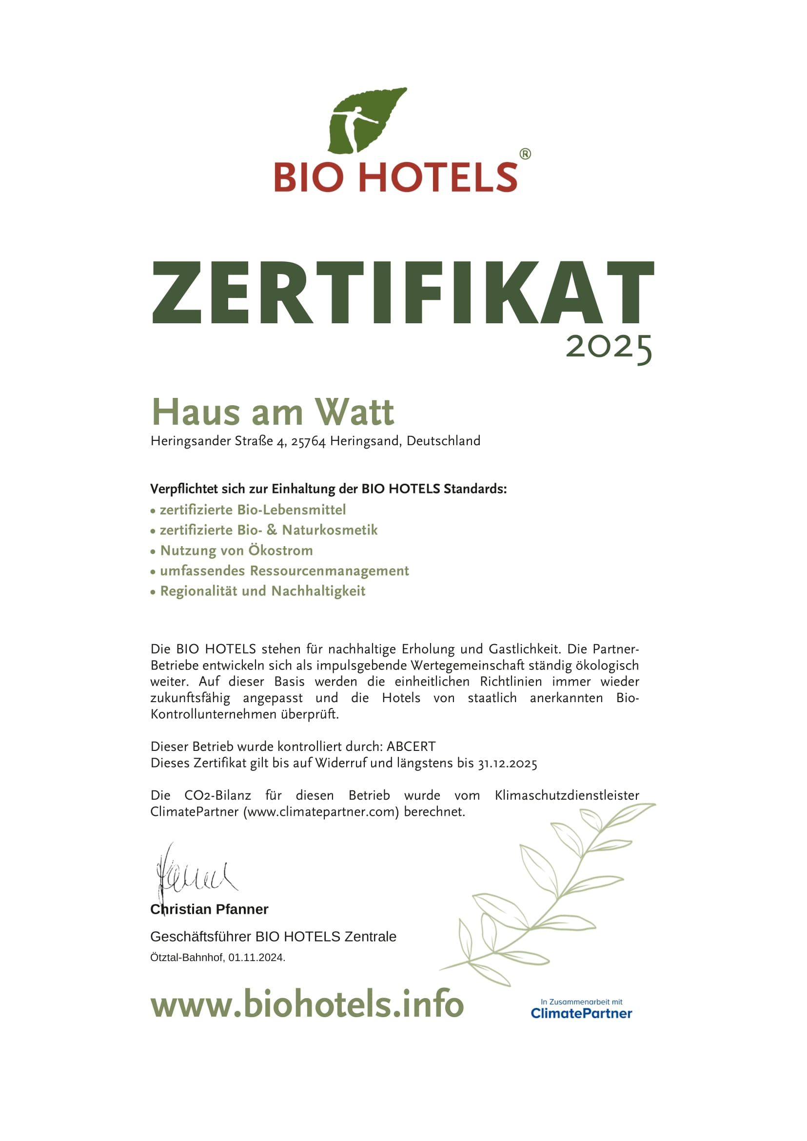 Haus am Watt Nachweise Zertifikate BIO HOTELS® Zertifikat