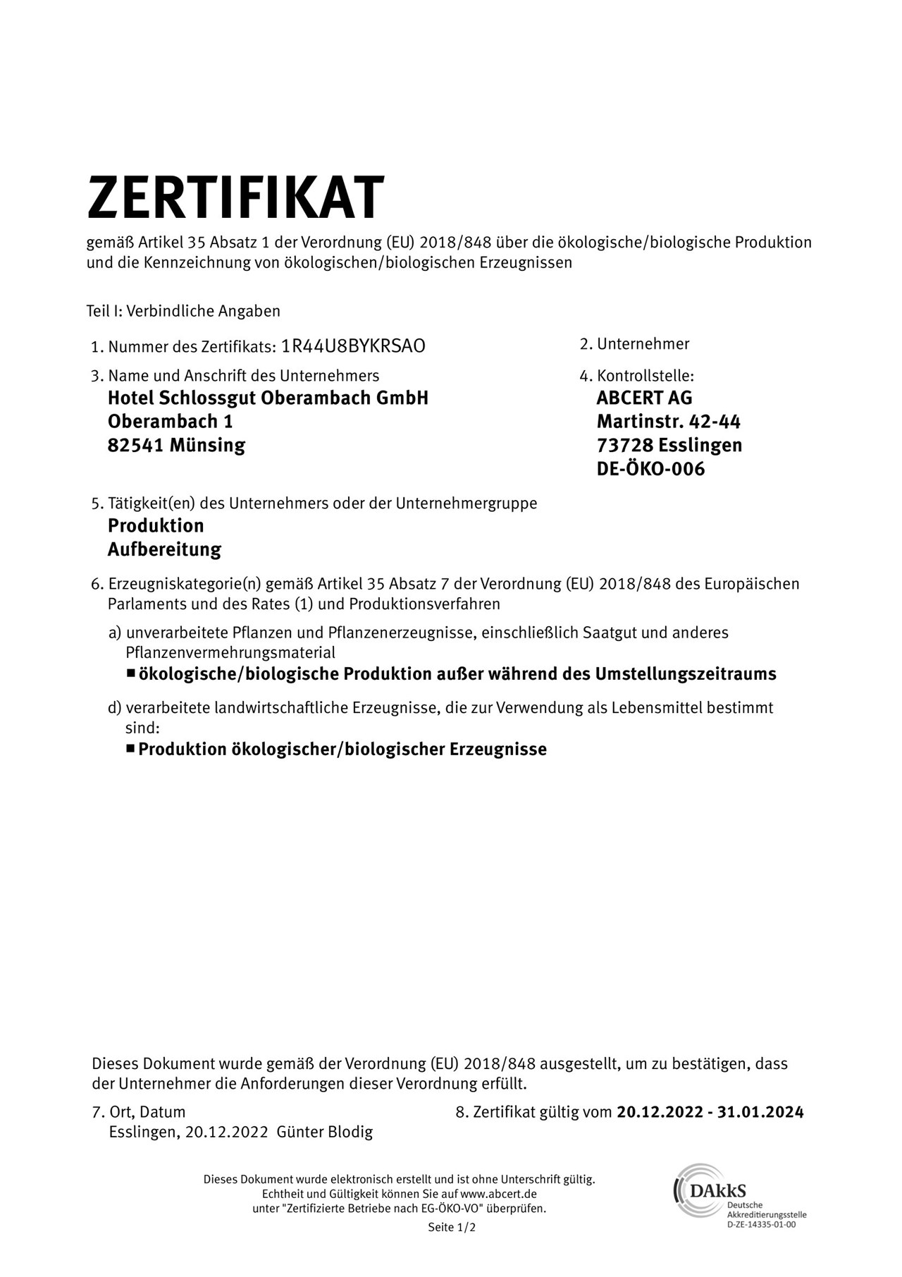Schlossgut Oberambach Nachweise Zertifikate DE-ÖKO-006 Zertifikat