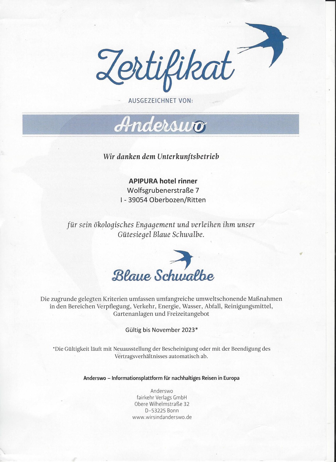 APIPURA hotel rinner Nachweise Zertifikate Blaue Schwalbe
