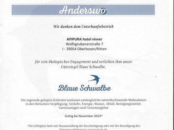 APIPURA hotel rinner Nachweise Zertifikate Blaue Schwalbe