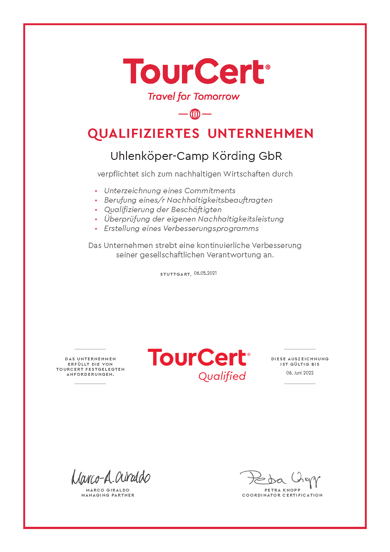 Hotel 11 Eulen / Uhlenköper-Camp Uelzen Evidence certificates Tourcert