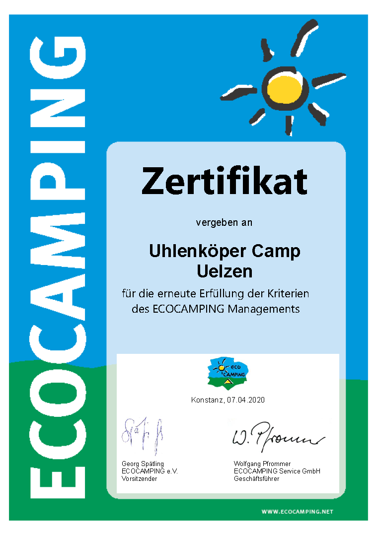 Hotel 11 Eulen / Uhlenköper-Camp Uelzen Evidence certificates ECO camping