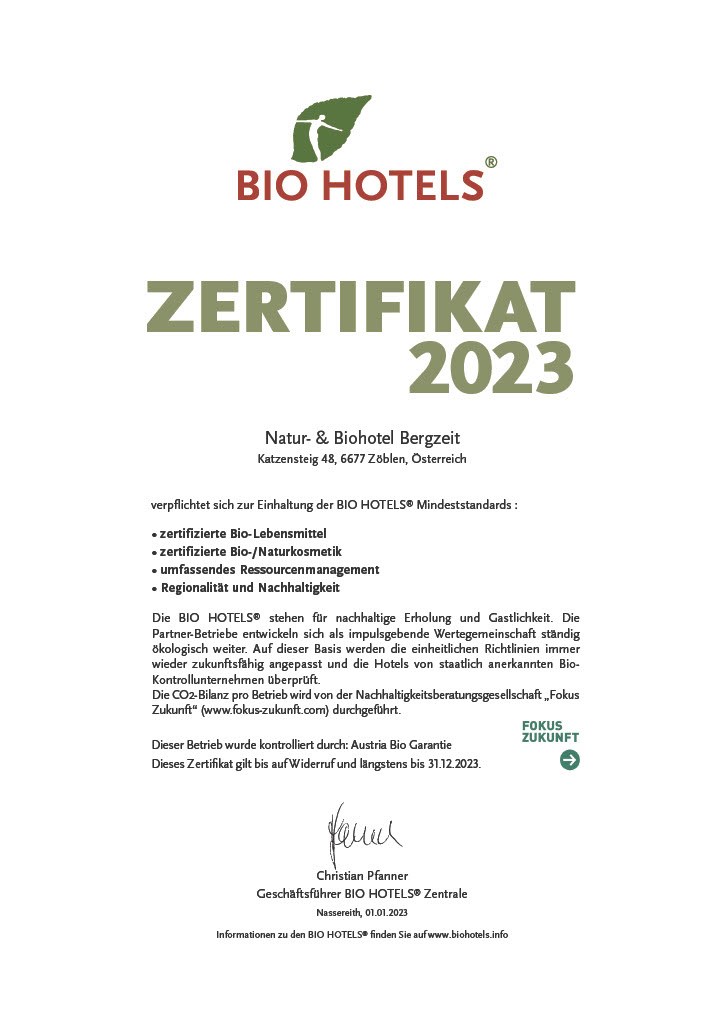 Natur- & Biohotel Bergzeit Evidence certificates BIOHOTELS® certificate
