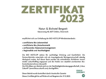 Natur- & Biohotel Bergzeit Evidence certificates BIOHOTELS® certificate