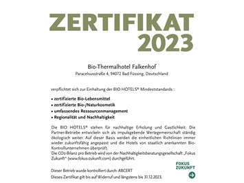 Bio-Thermalhotel Falkenhof Nachweise Zertifikate BIO HOTELS® Zertifikat