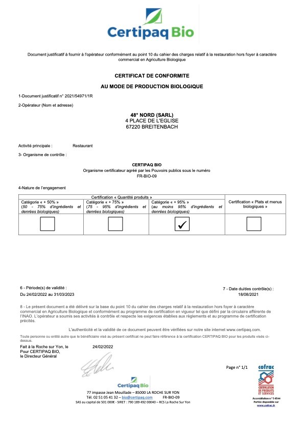 48° Nord Nachweise Zertifikate CERTIFICAT DE CONFORMITE AU MODE DE PRODUCTION BIOLOGIQUE