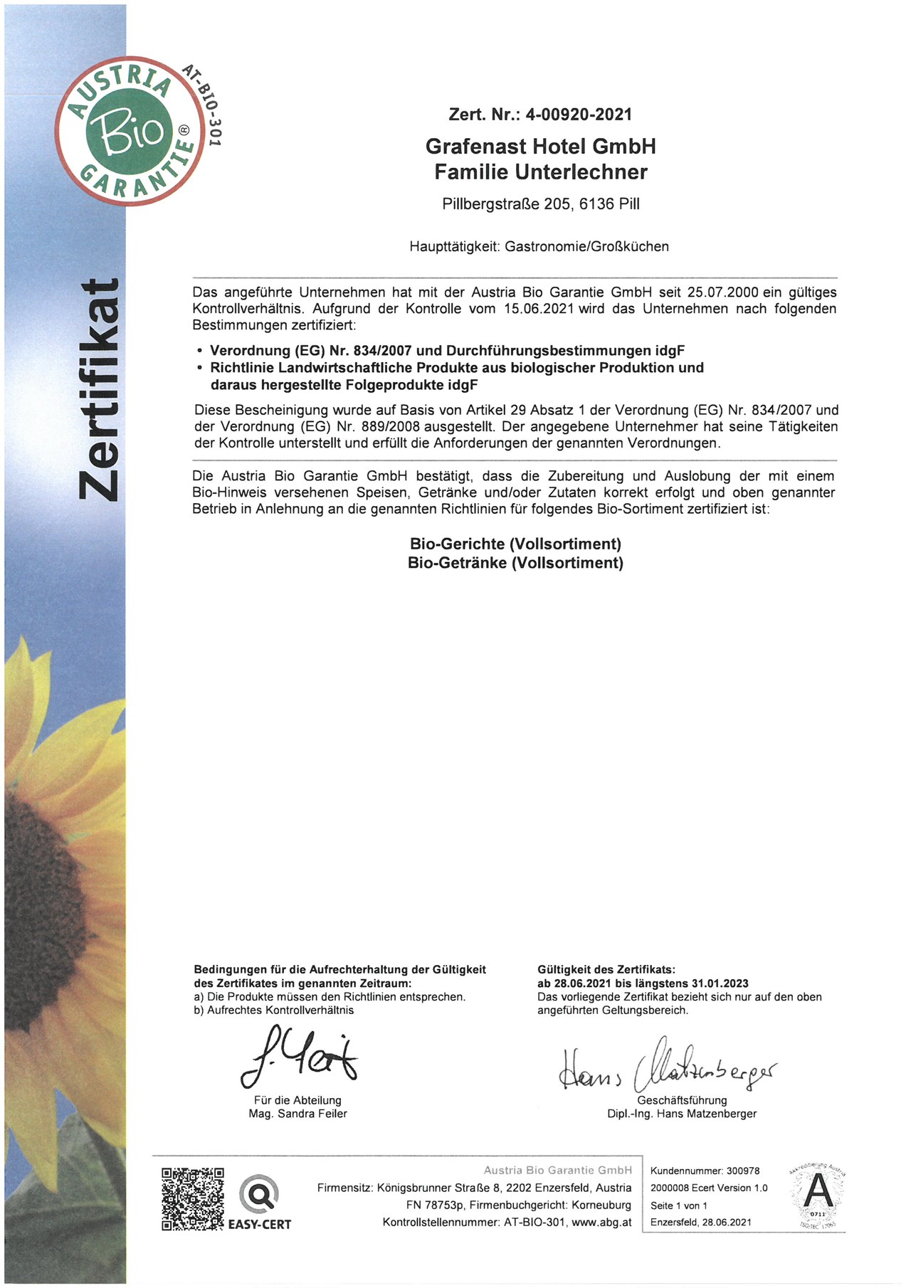 Biohotel Grafenast Evidence certificates Organic certificate Austria organic guarantee