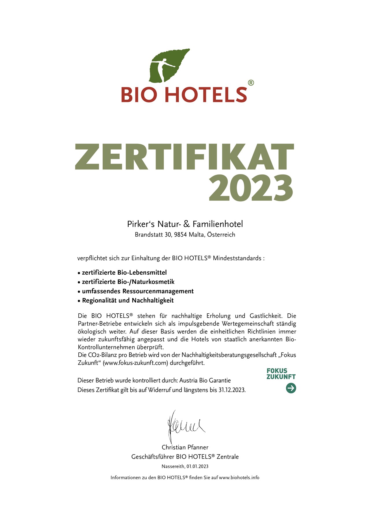 Pirker's Natur & Bio- Familienhotel Nachweise Zertifikate BIO HOTELS® Zertifikat