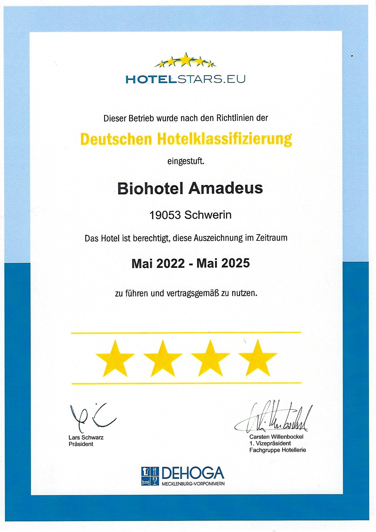 Biohotel Amadeus Evidence certificates Dehoga certification 4 stars