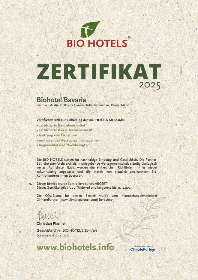 Biohotel Bavaria Nachweise Zertifikate BIO HOTELS® Zertifikat