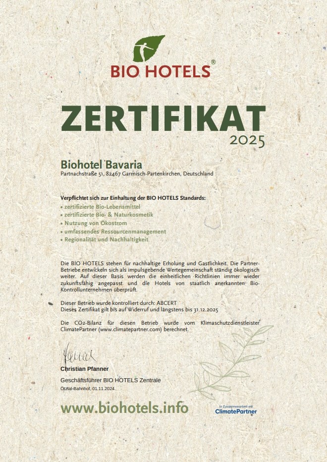 Biohotel Bavaria Nachweise Zertifikate BIO HOTELS® Zertifikat