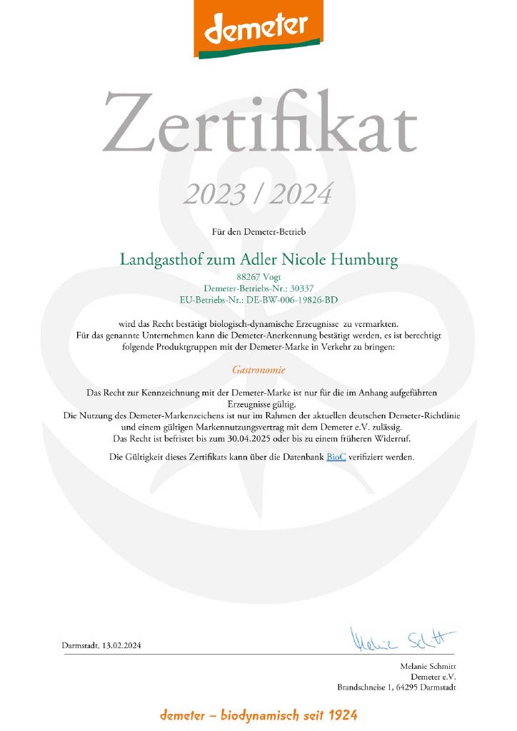 BIO-Adler im schönen Allgäu Evidence certificates Demeter certificate (page 1)