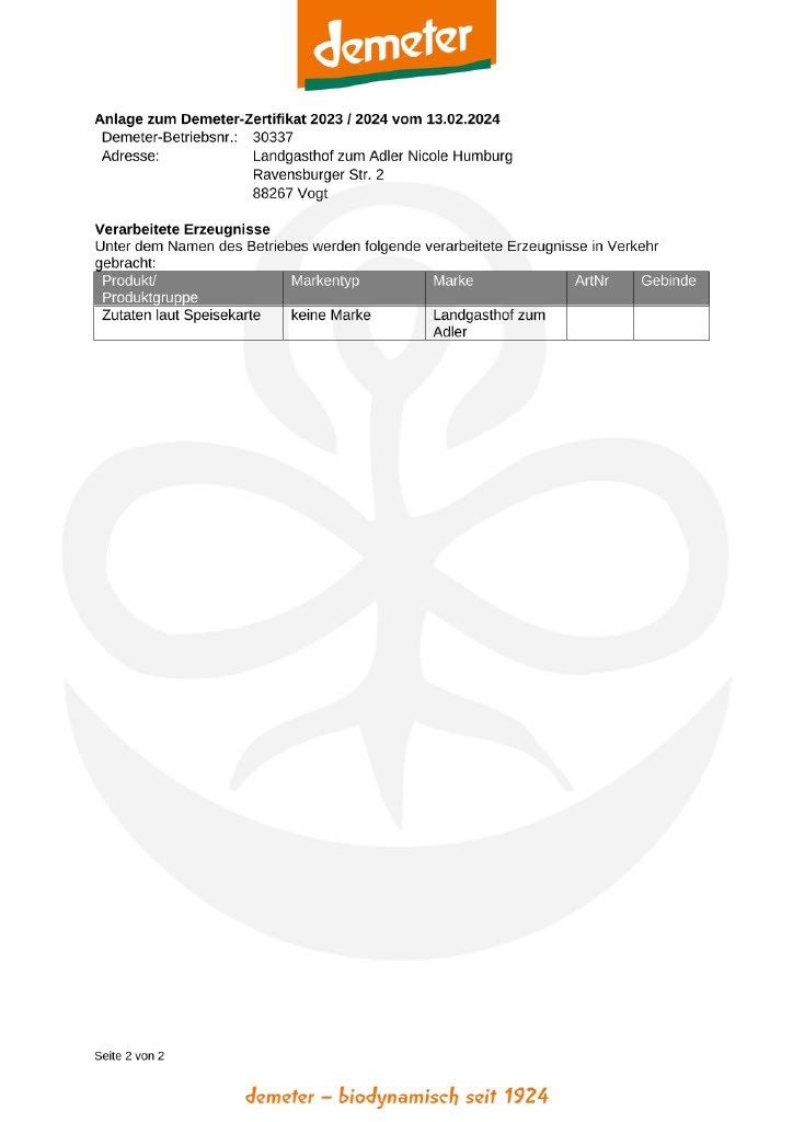 BIO-Adler im schönen Allgäu Nachweise Zertifikate Demeter-Zertifikat (Seite 2)