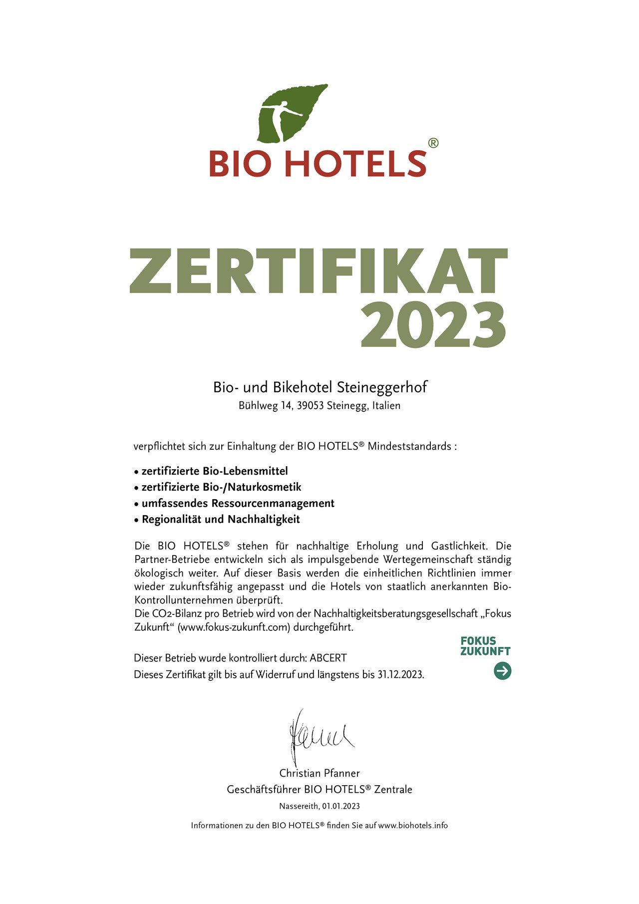 Bio & Bikehotel Steineggerhof Evidence certificates BIO HOTELS® certificate