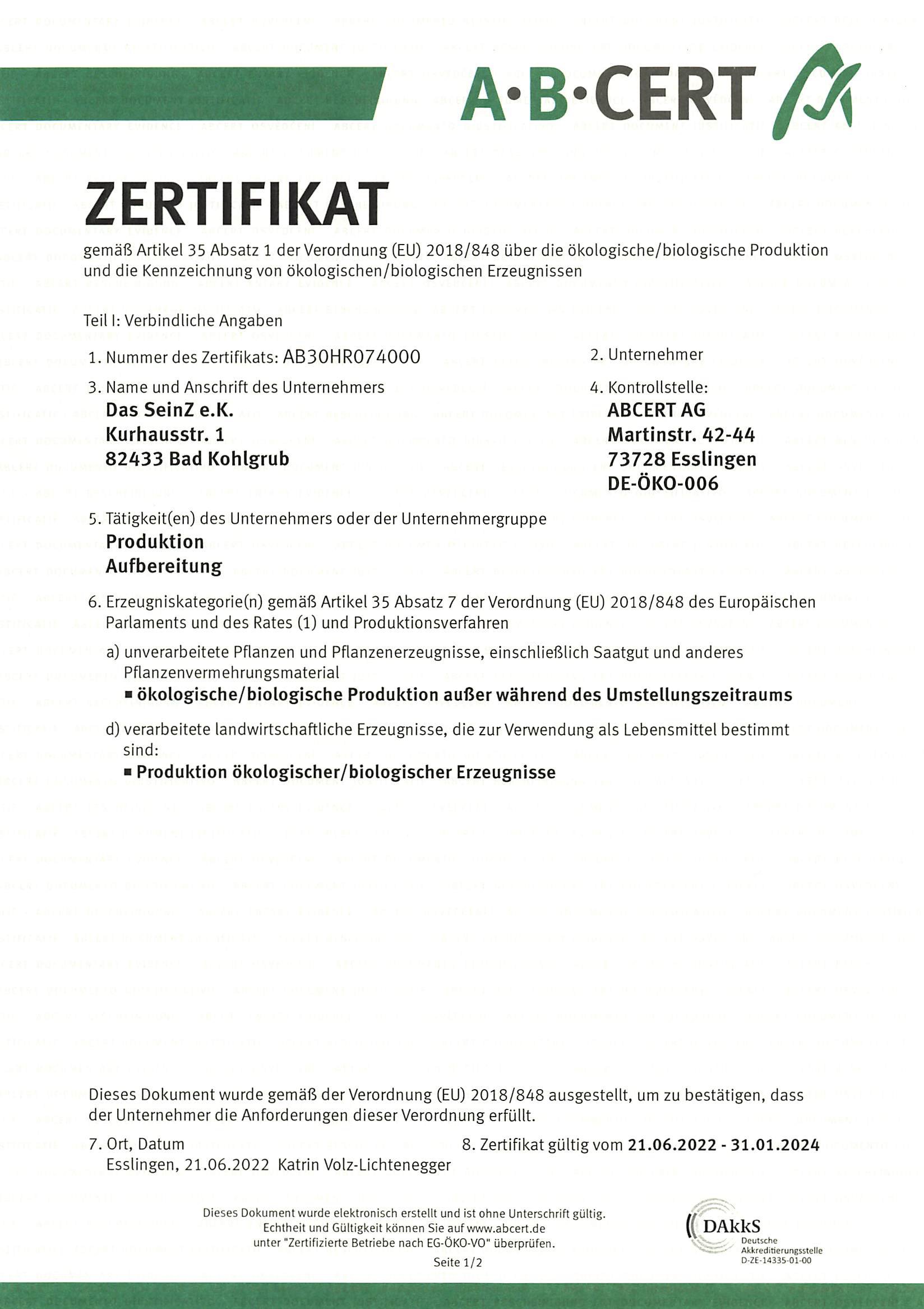 SEINZ Wisdom Resort - vegan/vegt. Biohotel & Seminarzentrum Nachweise Zertifikate Bio Zertifizierung 1