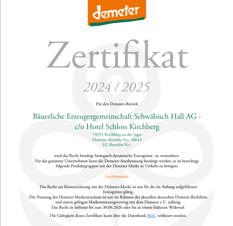 Bio-Hotel Schloss Kirchberg Nachweise Zertifikate Demeter Zertifikat 2024/25