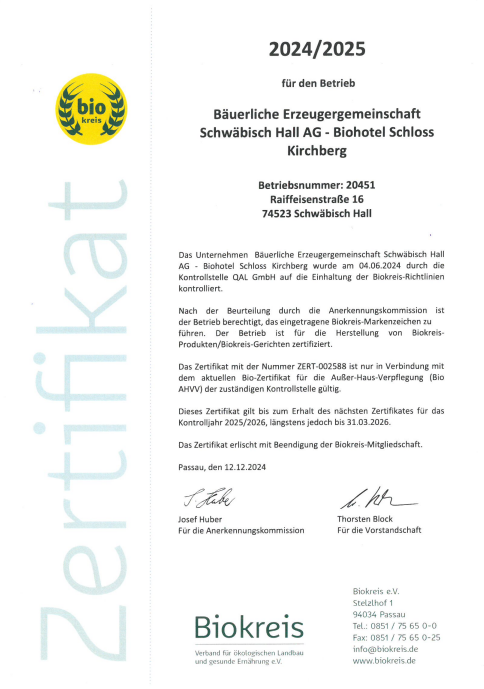 Bio-Hotel Schloss Kirchberg Nachweise Zertifikate Biokreis Zertifikat 2024/25