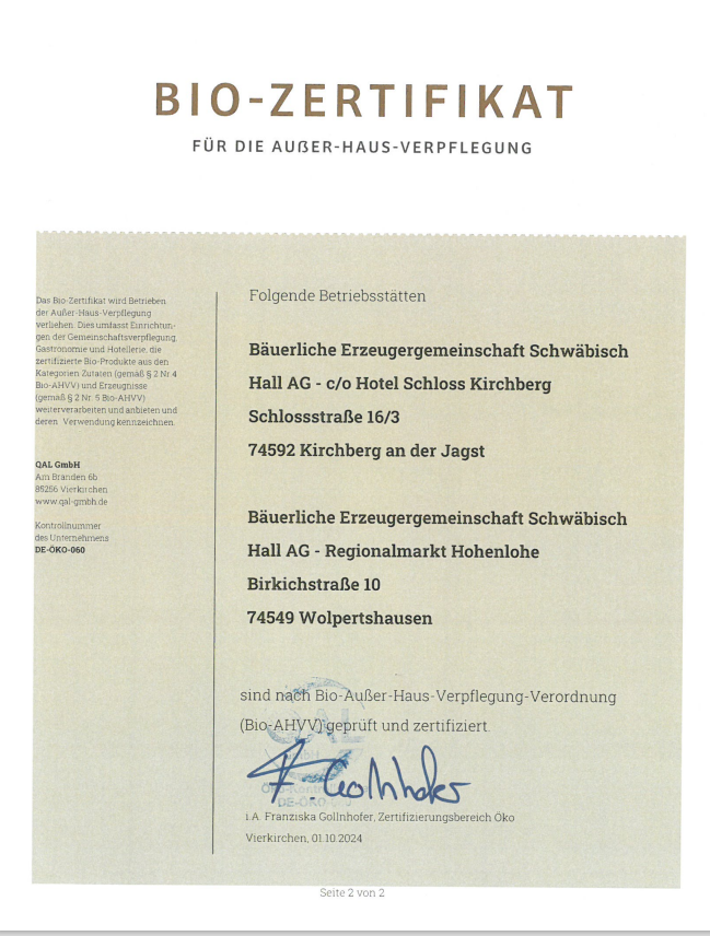 Bio-Hotel Schloss Kirchberg Nachweise Zertifikate Zertifikat Bio AHVV