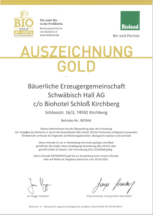 Bio-Hotel Schloss Kirchberg Nachweise Zertifikate Bioland Gold